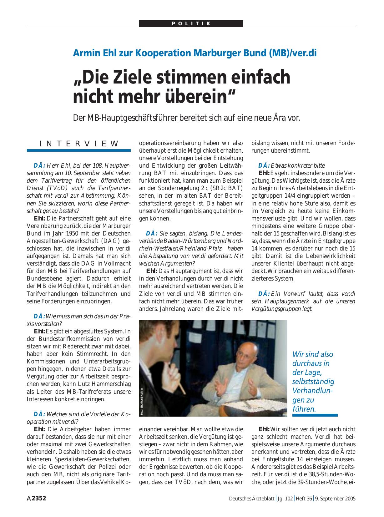 Vorschauseite 1: Armin Ehl zur Kooperation Marburger Bund (MB)/ver. di: „Die Ziele stimmen einfach nicht mehr überein“