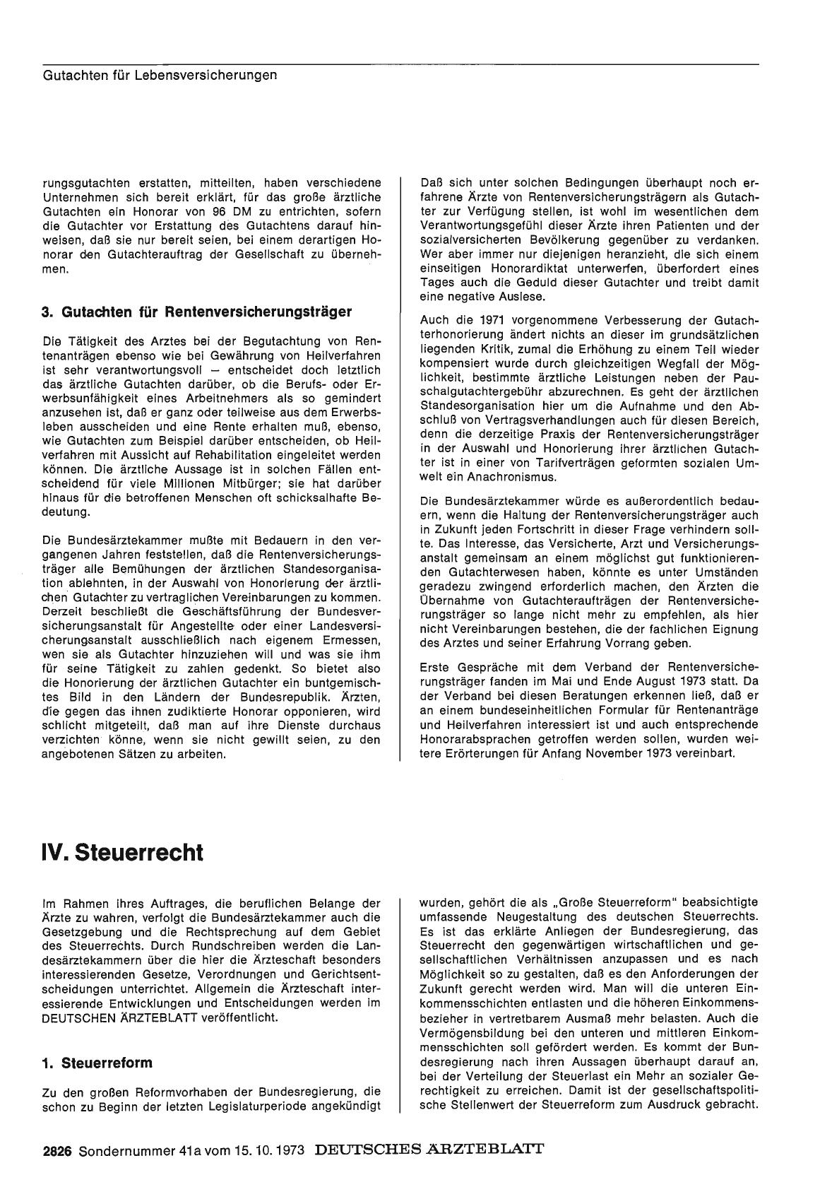 Vorschauseite 1: Bericht über das Jahr 1972/73: G. Honorare, Verträge, Steuern: IV. Steuerrecht