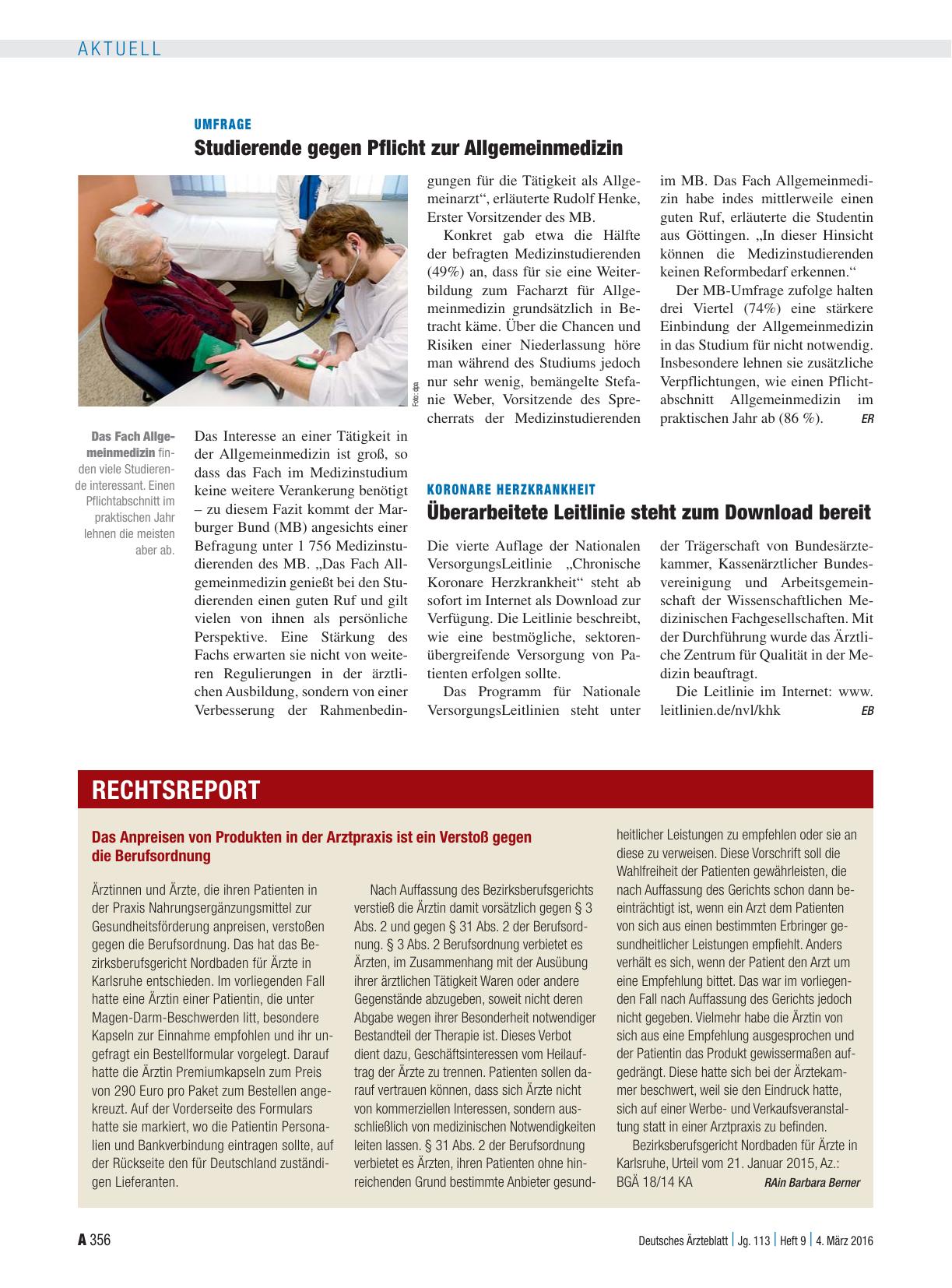 Vorschauseite 1: Umfrage: Studierende gegen Pflicht zur Allgemeinmedizin