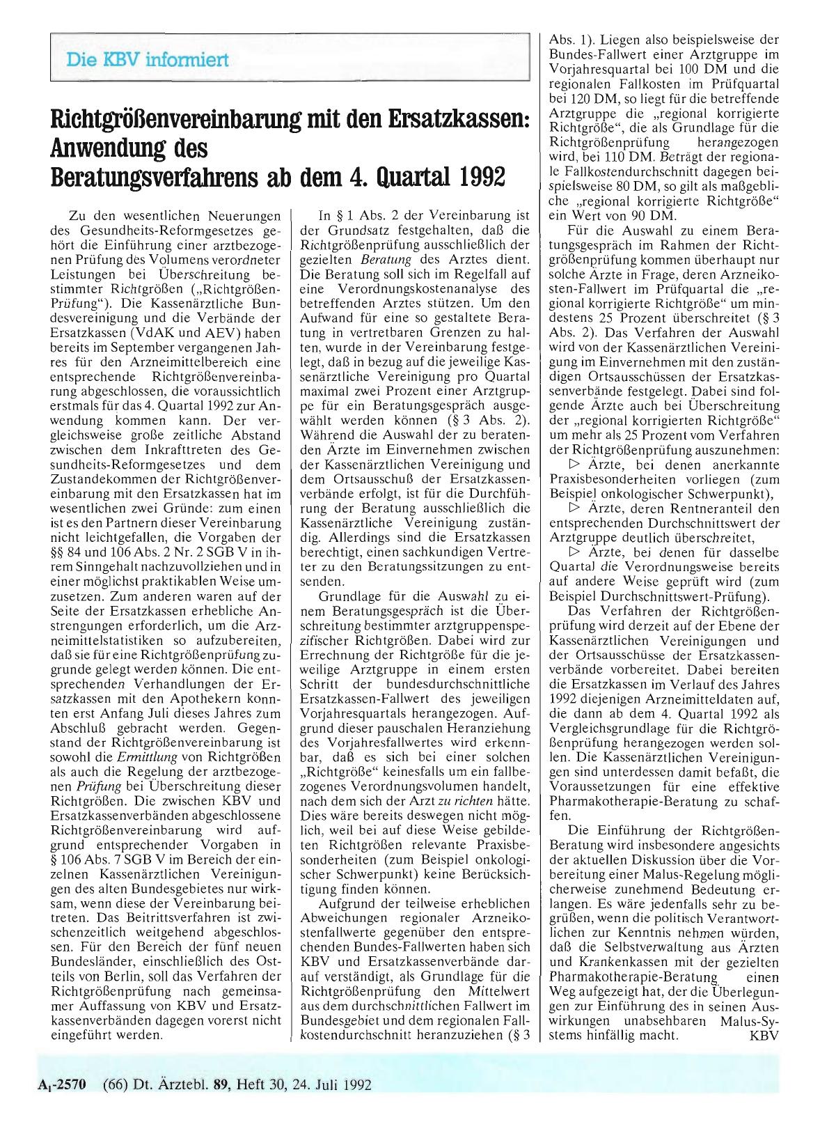Vorschauseite 1: Richtgrößenvereinbarung mit den Ersatzkassen: Anwendung des Beratungsverfahrens ab dem 4. Quartal 1992