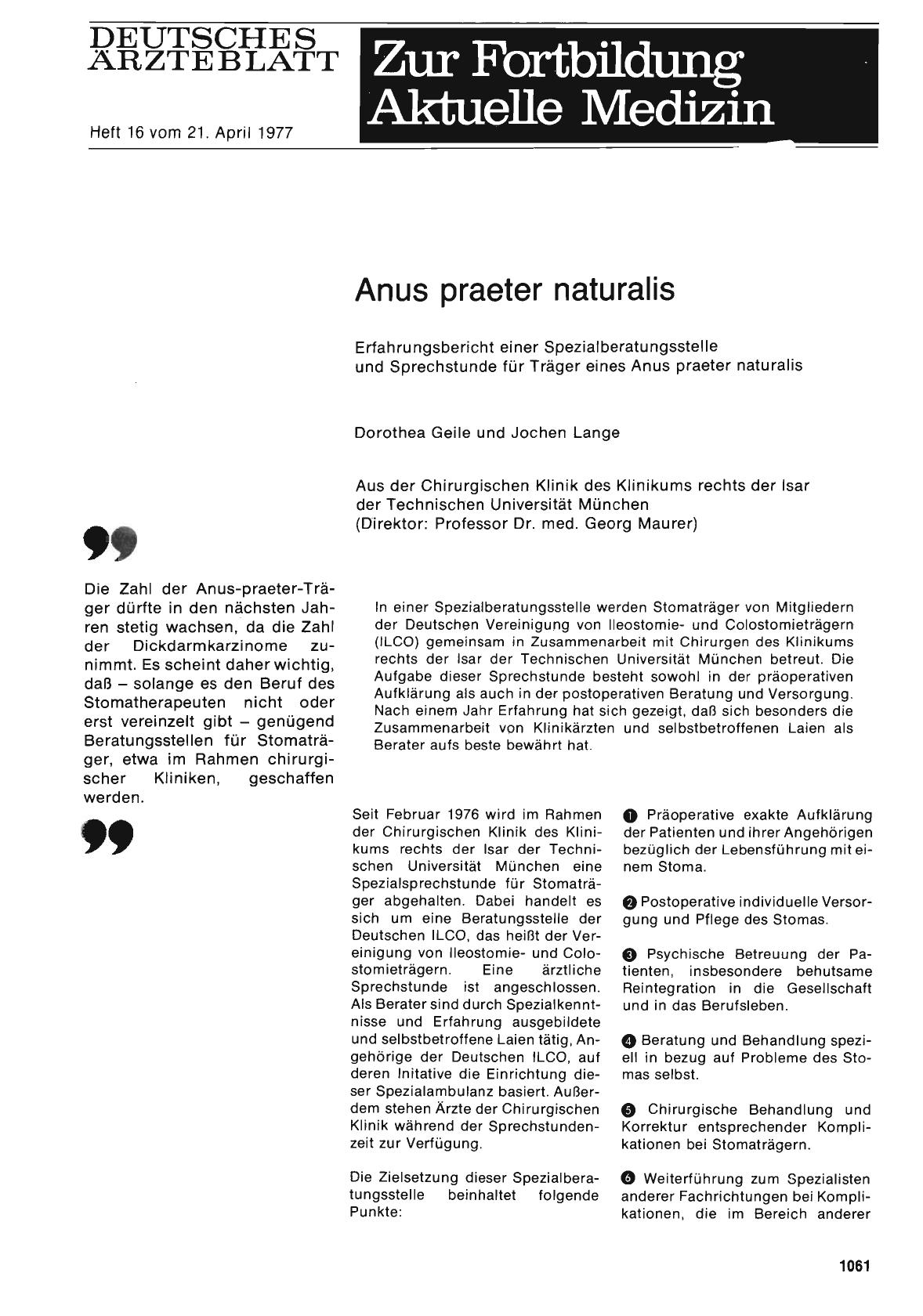 Vorschauseite 1: Anus praeter naturalis: Erfahrungsbericht einer Spezialberatungsstelle und Sprechstunde für Träger eines Anus praeter naturalis