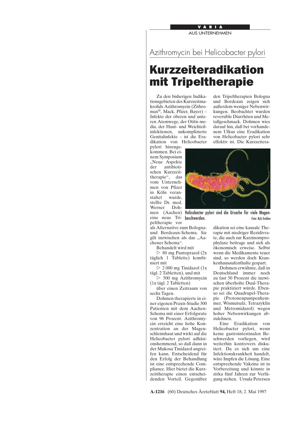 Vorschauseite 1: Azithromycin bei Helicobacter pylori: Kurzzeiteradikation mit Tripeltherapie