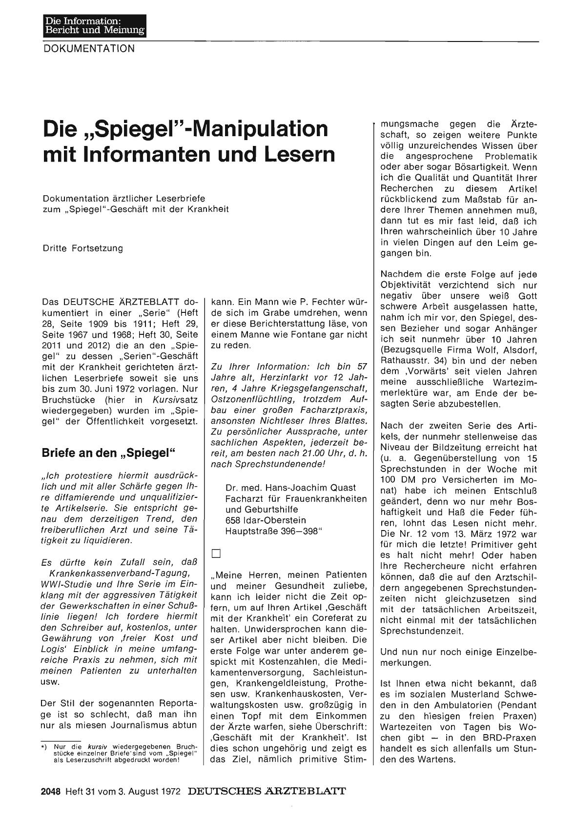 Vorschauseite 1: Dokumentation ärztlicher Leserbriefe zum „Spiegel"-Geschäft mit der Krankheit. Dritte Fortsetzung. : Die „Spiegel"-Manipulation mit Informanten und Lesern