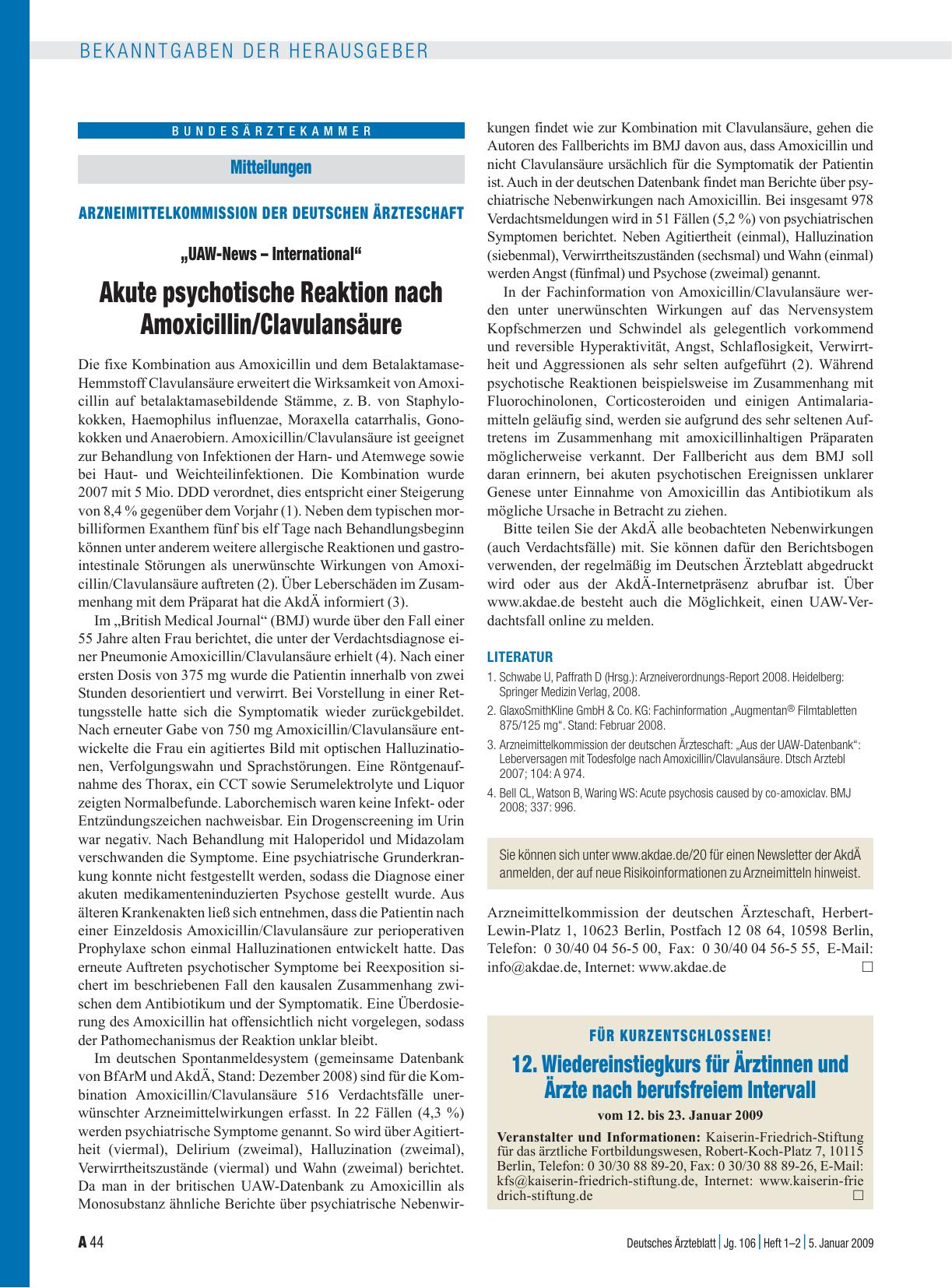 Vorschauseite 1: Für Kurzentschlossene! 12. Wiedereinstiegkurs für Ärztinnen und Ärzte nach berufsfreiem Intervall vom 12. bis 23. Januar 2009