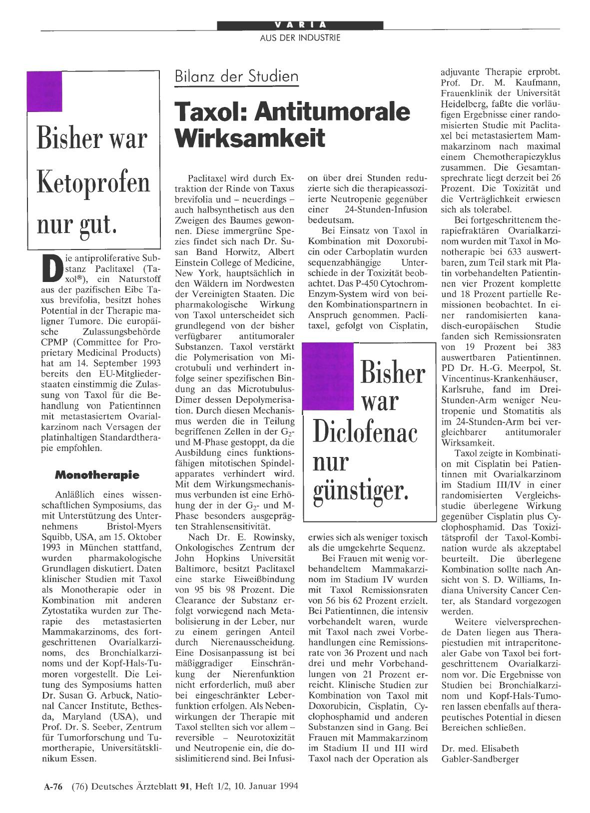 Vorschauseite 1: Bilanz der Studien Taxol: Antitumorale Wirksamkeit