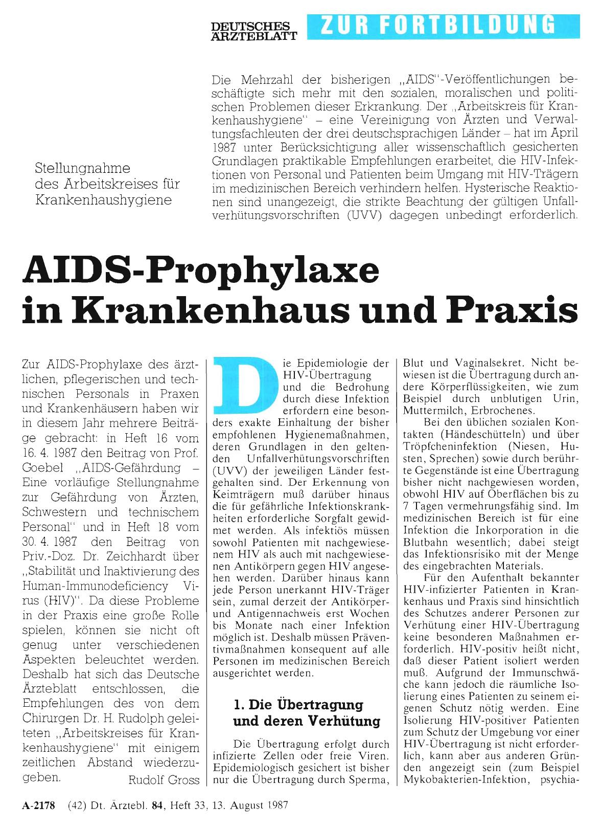 Vorschauseite 1: Stellungnahme des Arbeitskreises für Krankenhaushygiene: AIDS-Prophylaxe in Krankenhaus und Praxis