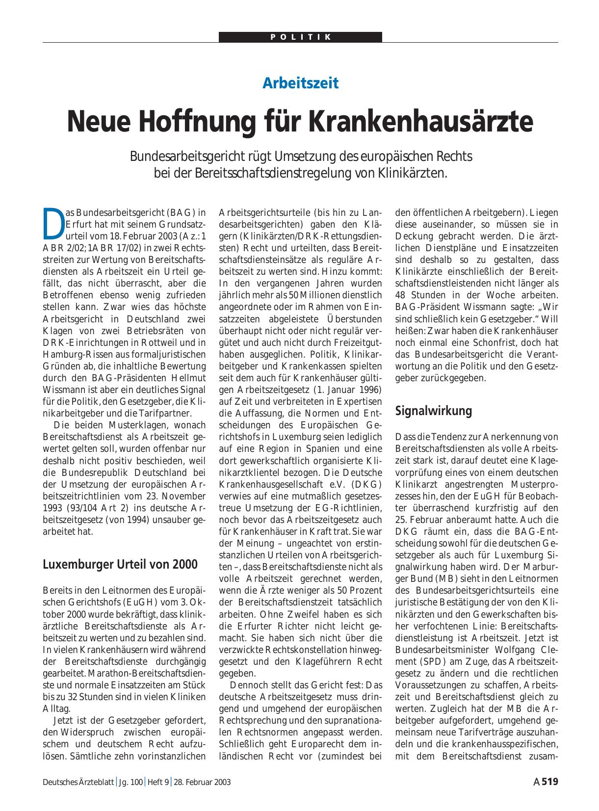 Vorschauseite 1: Arbeitszeit: Neue Hoffnung für Krankenhausärzte