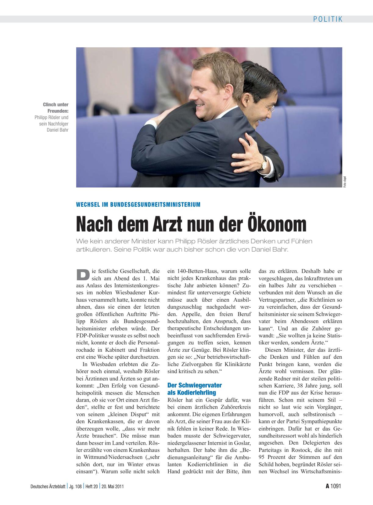 Vorschauseite 1: Wechsel im Bundesgesundheitsministerium: Nach dem Arzt nun der Ökonom