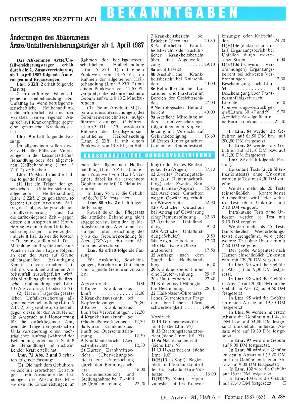 Vorschauseite 1: Änderungen des Abkommens Ärzte/Unfallversieherungsträger ab 1. April 1987