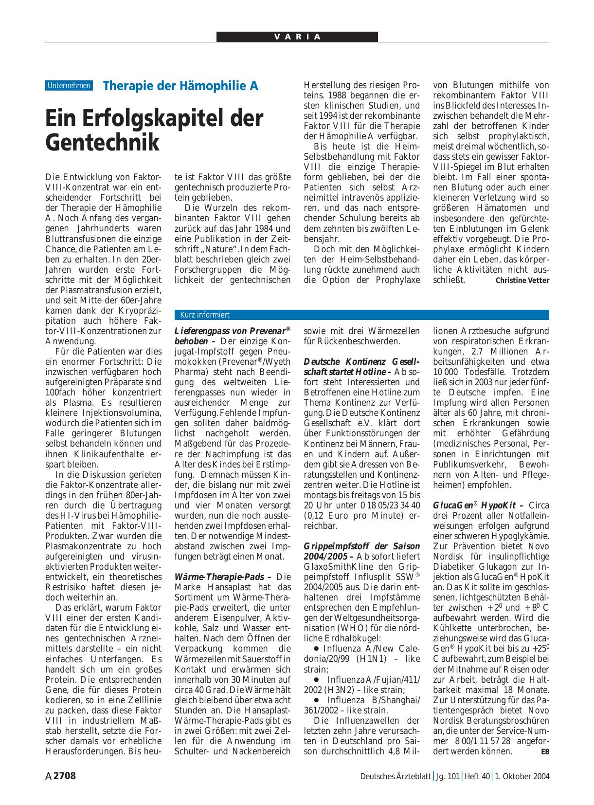 Vorschauseite 1: Lieferengpass von Prevenar® behoben
