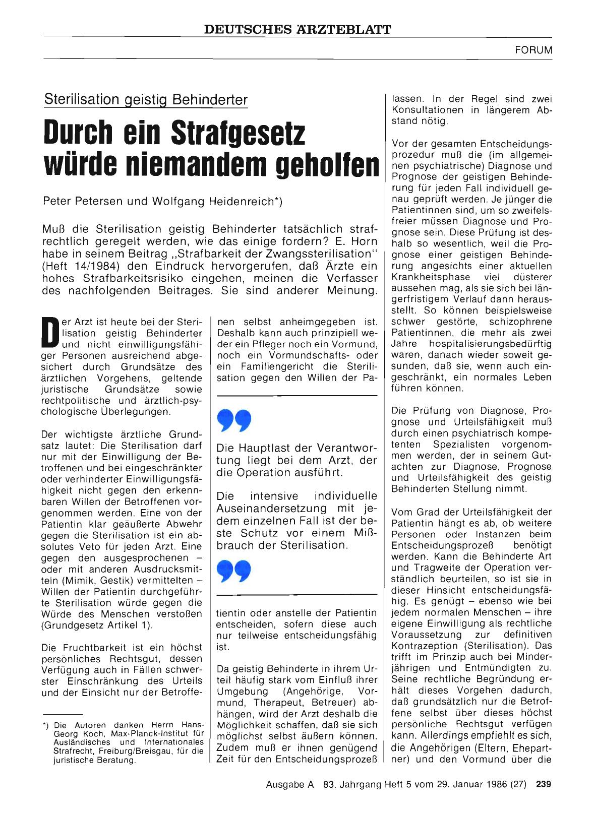 Vorschauseite 1: Sterilisation geistig Behinderter: Durch ein Strafgesetz würde niemandem geholfen