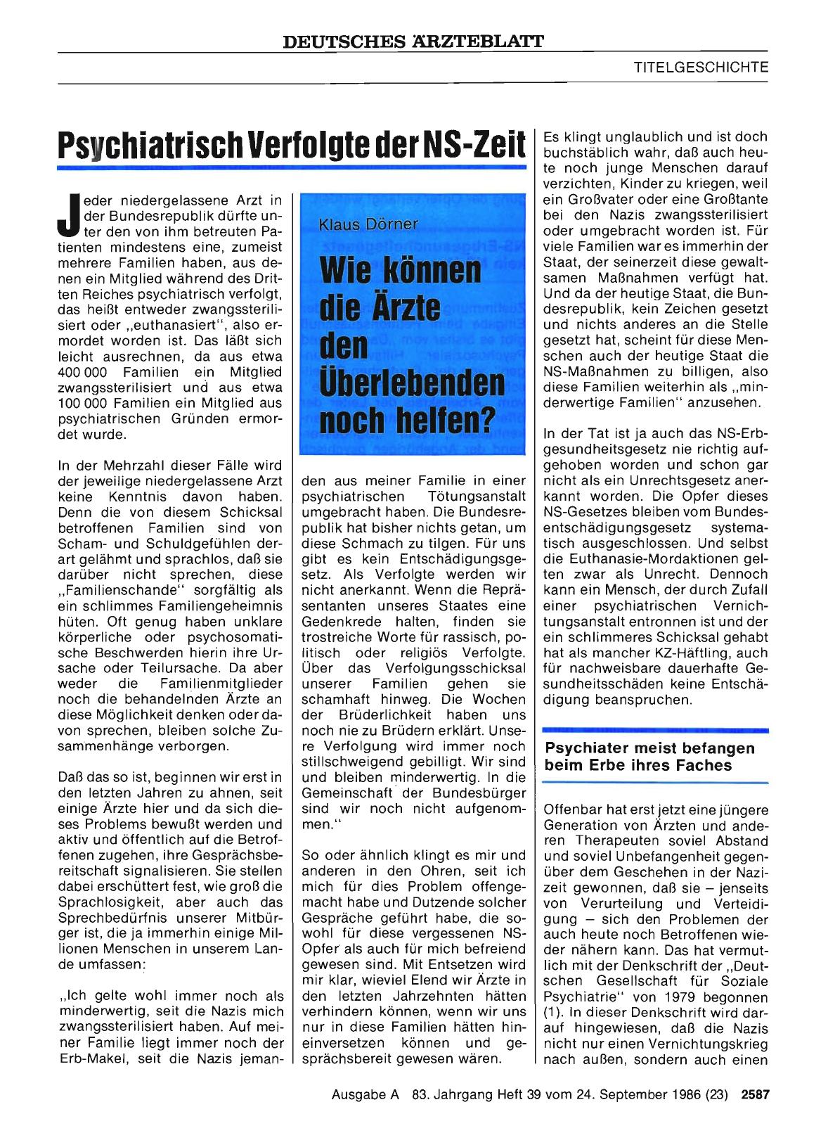 Vorschauseite 1: Psychiatrisch Verfolgte der NS-Zeit: Wie können die Ärzte den Überlebende noch helfen?