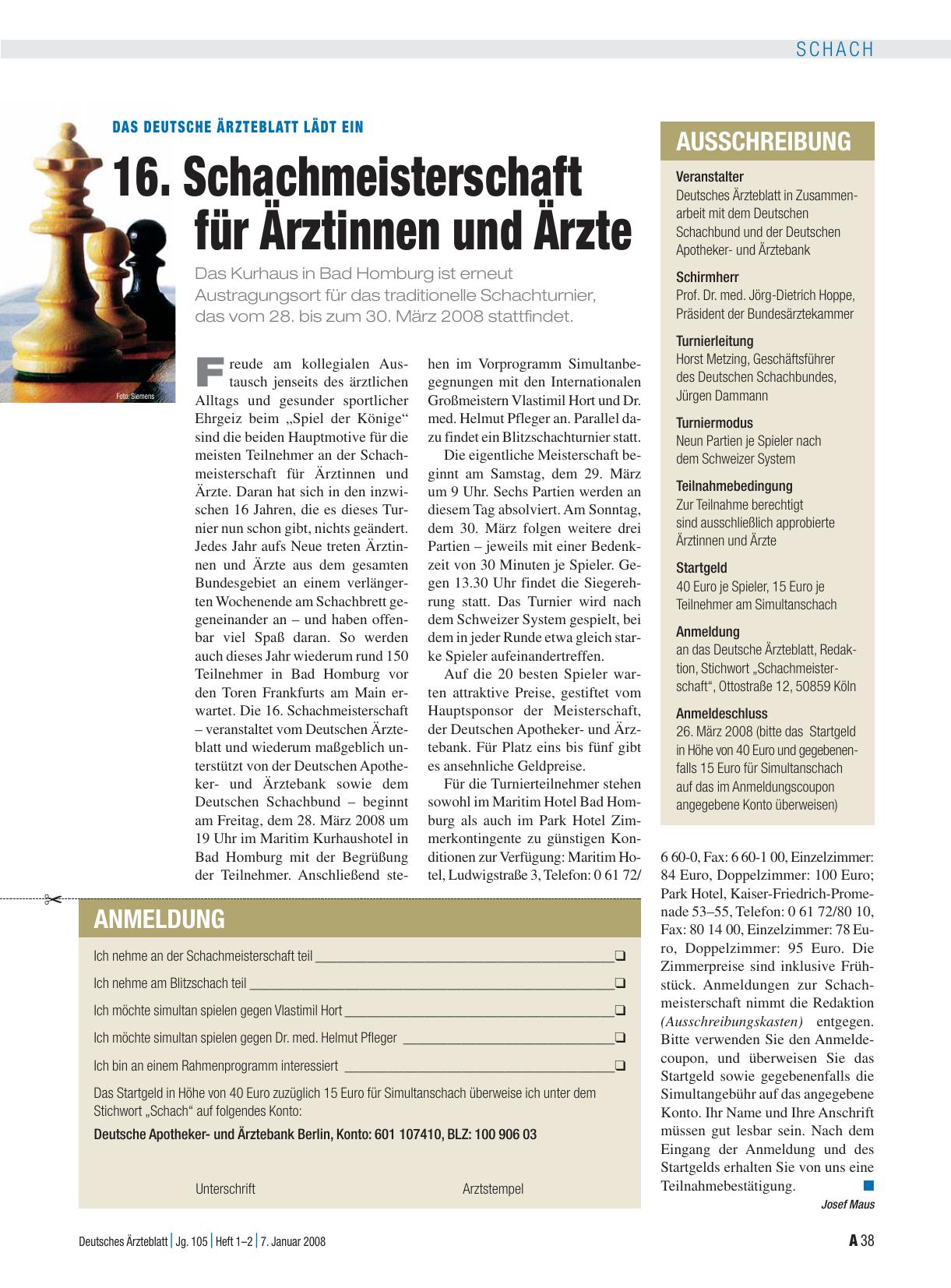 Vorschauseite 1: Das Deutsche Ärzteblatt lädt ein: 16. Schachmeisterschaft für Ärztinnen und Ärzte