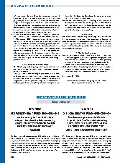 Vorschauseite 1: Beschluss des Gemeinsamen Bundesausschusses über eine Änderung der Arzneimittel-Richtlinie: Autologe Anti-CD19-transduzierte CD3-positive Zellen
