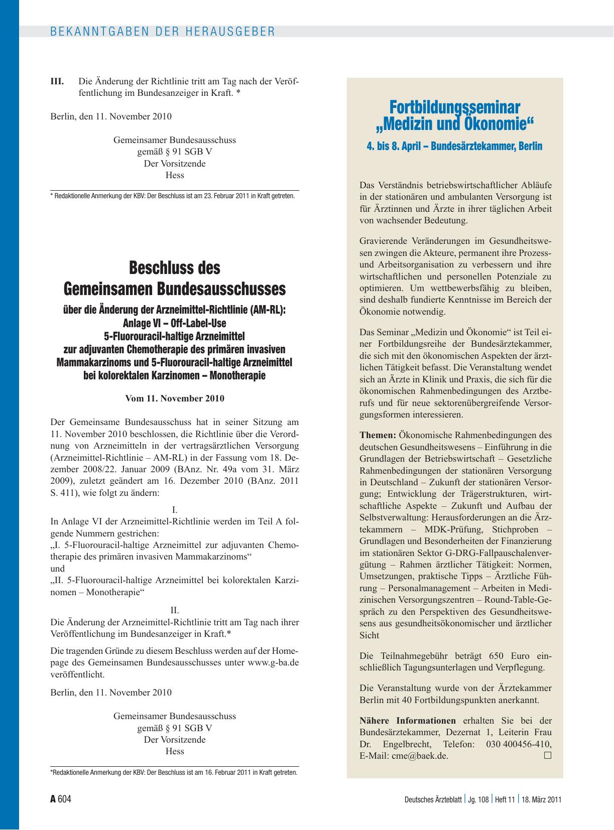 Vorschauseite 1: Beschluss des Gemeinsamen Bundesausschusses über die Änderung der Arzneimittel-Richtlinie (AM-RL): Anlage VI – Off-Label-Use 5-Fluorouracil-haltige Arzneimittel zur adjuvanten Che…