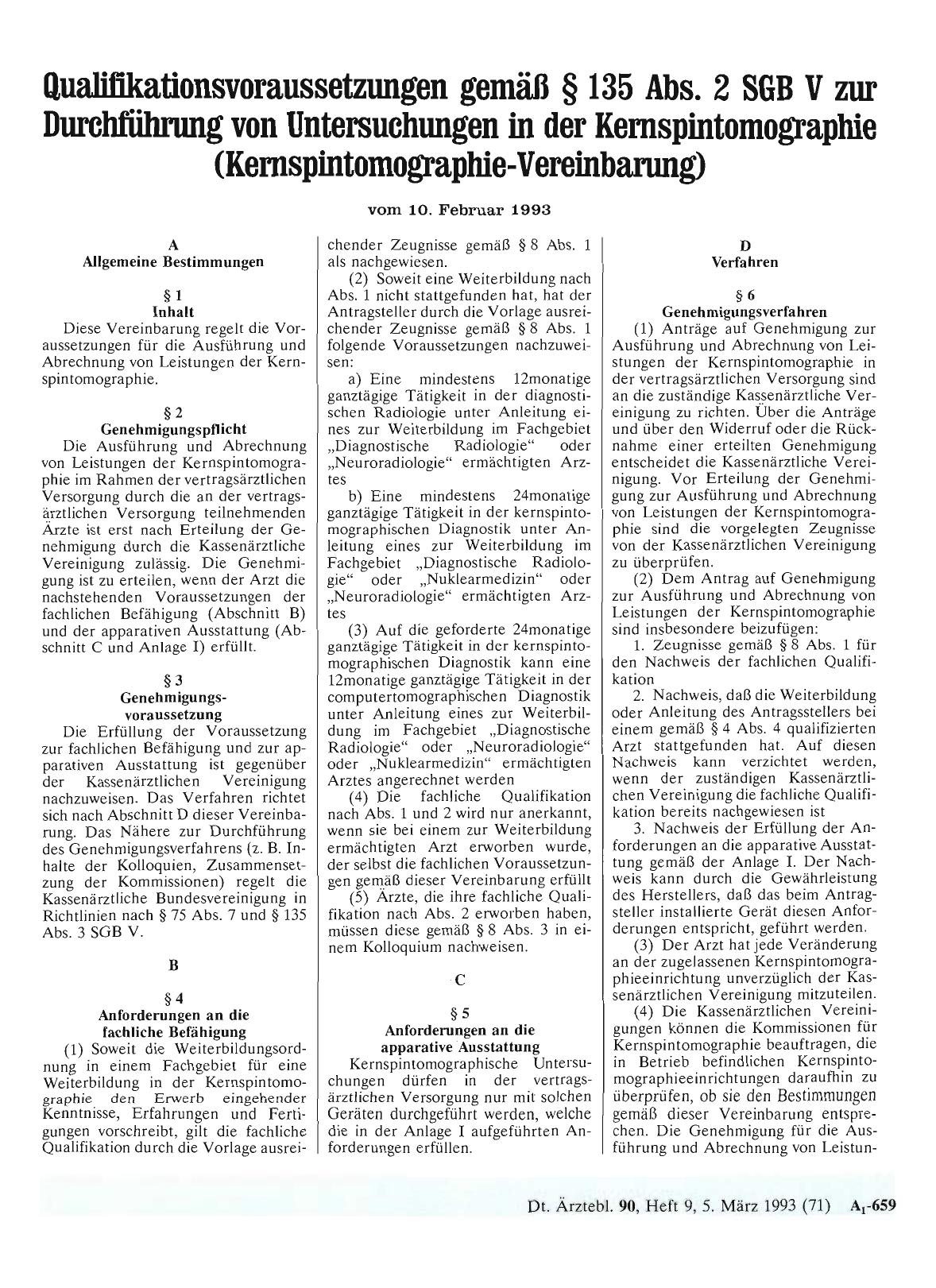 Vorschauseite 1: Qualifikationsvoraussetzungen gemäß § 135 Abs. 2 SGB V zur Durchführung von Untersuchungen in der Kernspintomographie (Kernspintomographie-Vereinbarung)