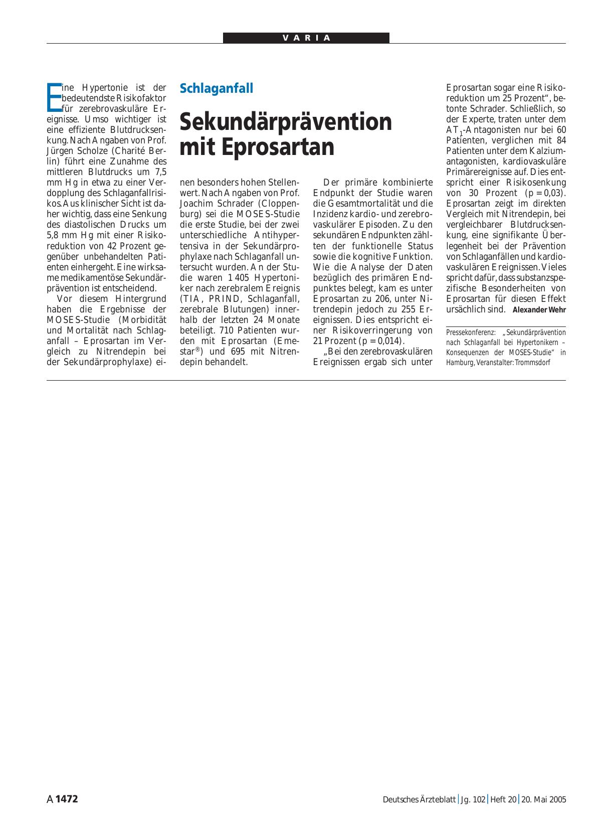 Vorschauseite 1: Schlaganfall: Sekundärprävention mit Eprosartan
