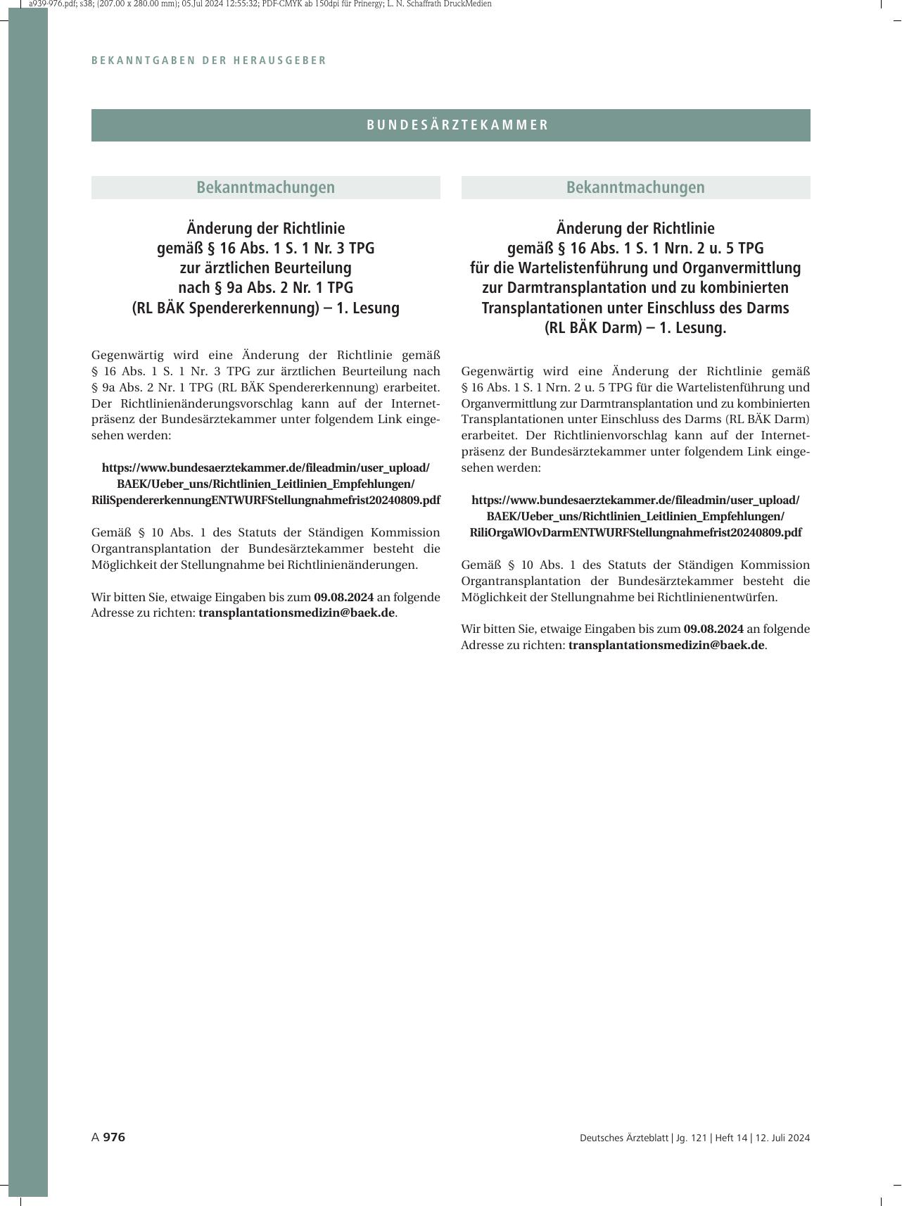 Vorschauseite 1: Änderung der Richtlinie gemäß § 16 Abs. 1 S. 1 Nrn. 2 u. 5 TPG für die Wartelistenführung und Organvermittlung zur Darmtransplantation und zu kombinierten Transplantationen unter…