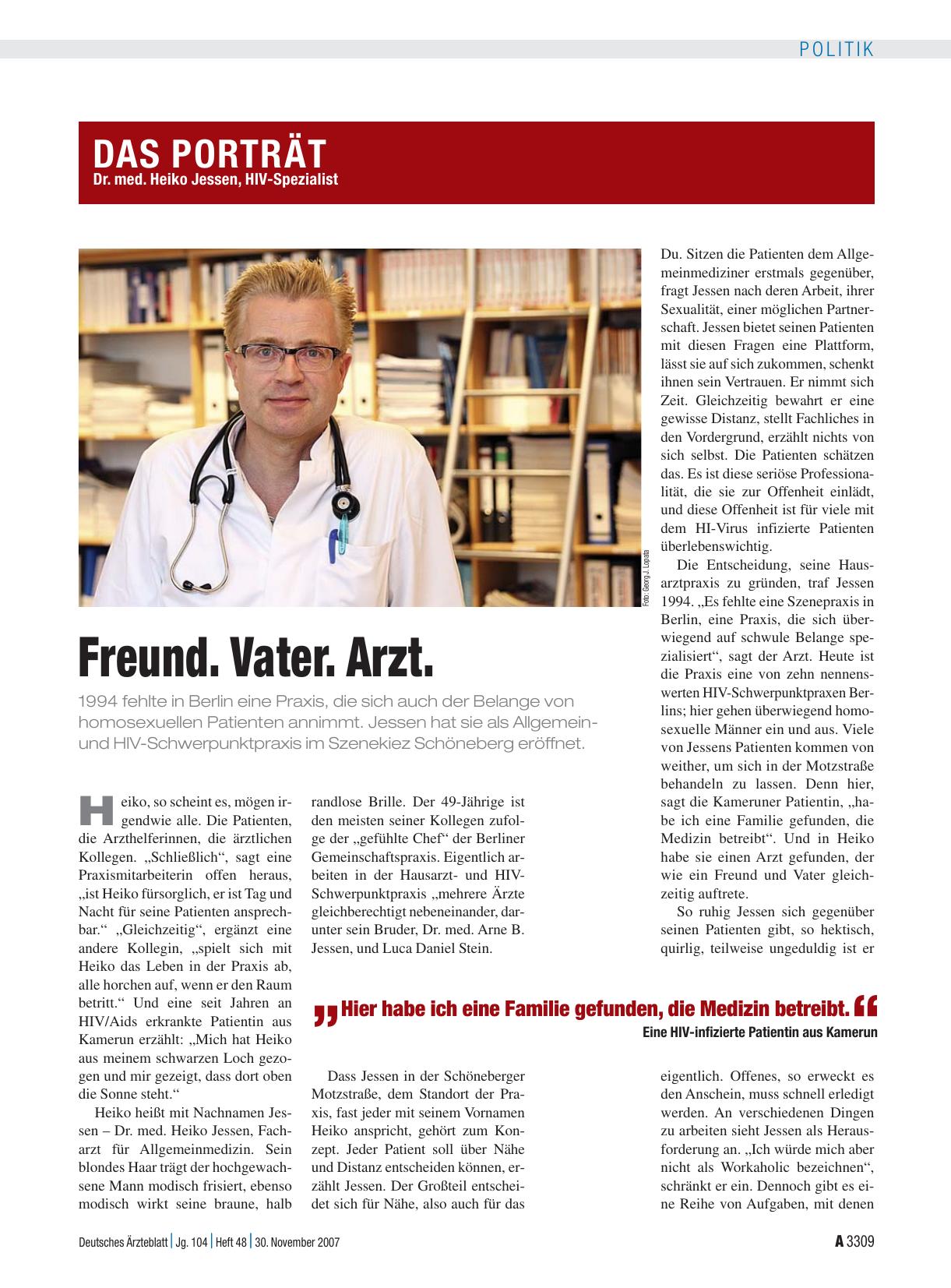 Vorschauseite 1: Das Porträt: Dr. med. Heiko Jessen, HIV-Spezialist – Freund. Vater. Arzt.