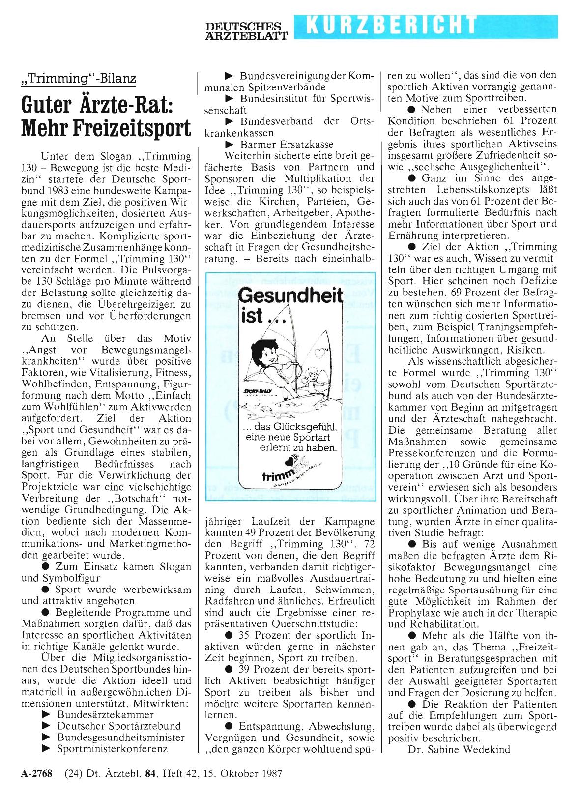 Vorschauseite 1: „Trimming'„-Bilanz: Guter Ärzte-Rat – Mehr Freizeitsport