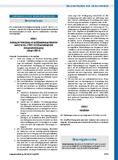 Vorschauseite 1: Änderung der Vereinbarung von Qualitätssicherungsmaßnahmen nach § 135 Abs. 2 SGB V zur Ultraschalldiagnostik (Ultraschallvereinbarung) (Anlage 3 BMV-Ä)