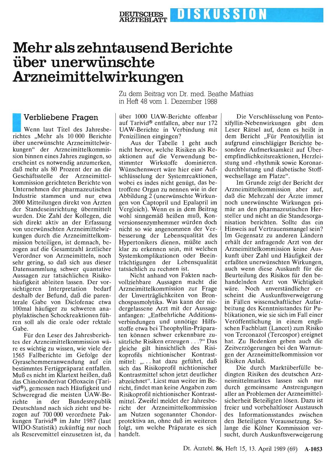 Vorschauseite 1: Mehr als zehntausend Berichte über unerwünschte Arzneimittelwirkungen: Verbliebene Fragen