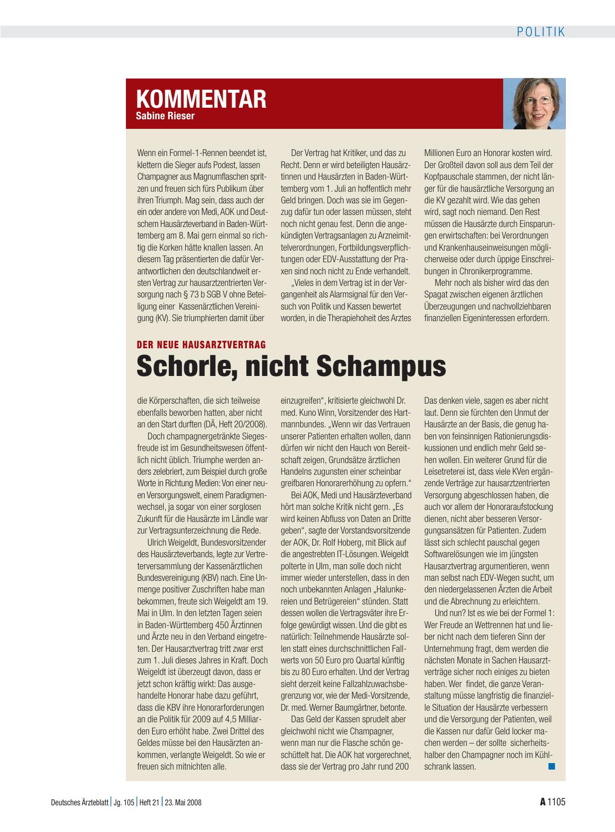 Vorschauseite 1: Der neue Hausarztvertrag: Schorle, nicht Schampus