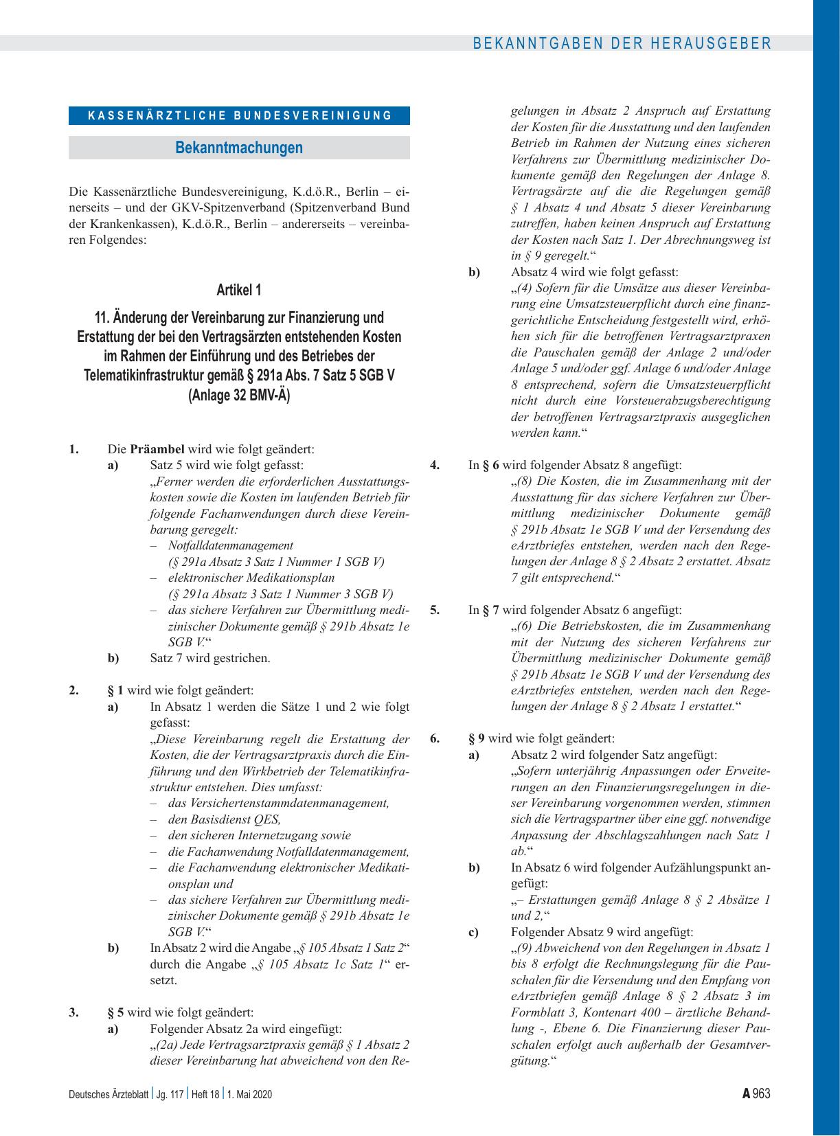 Vorschauseite 1: 11. Änderung der Vereinbarung zur Finanzierung und Erstattung der bei den Vertragsärzten entstehenden Kosten im Rahmen der Einführung und des Betriebes der Telematikinfrastruktur…