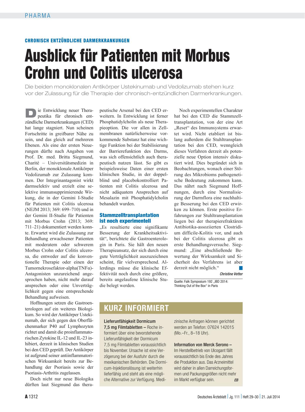 Vorschauseite 1: Chronisch entzündliche Darmerkrankungen: Ausblick für Patienten mit Morbus Crohn und Colitis ulcerosa