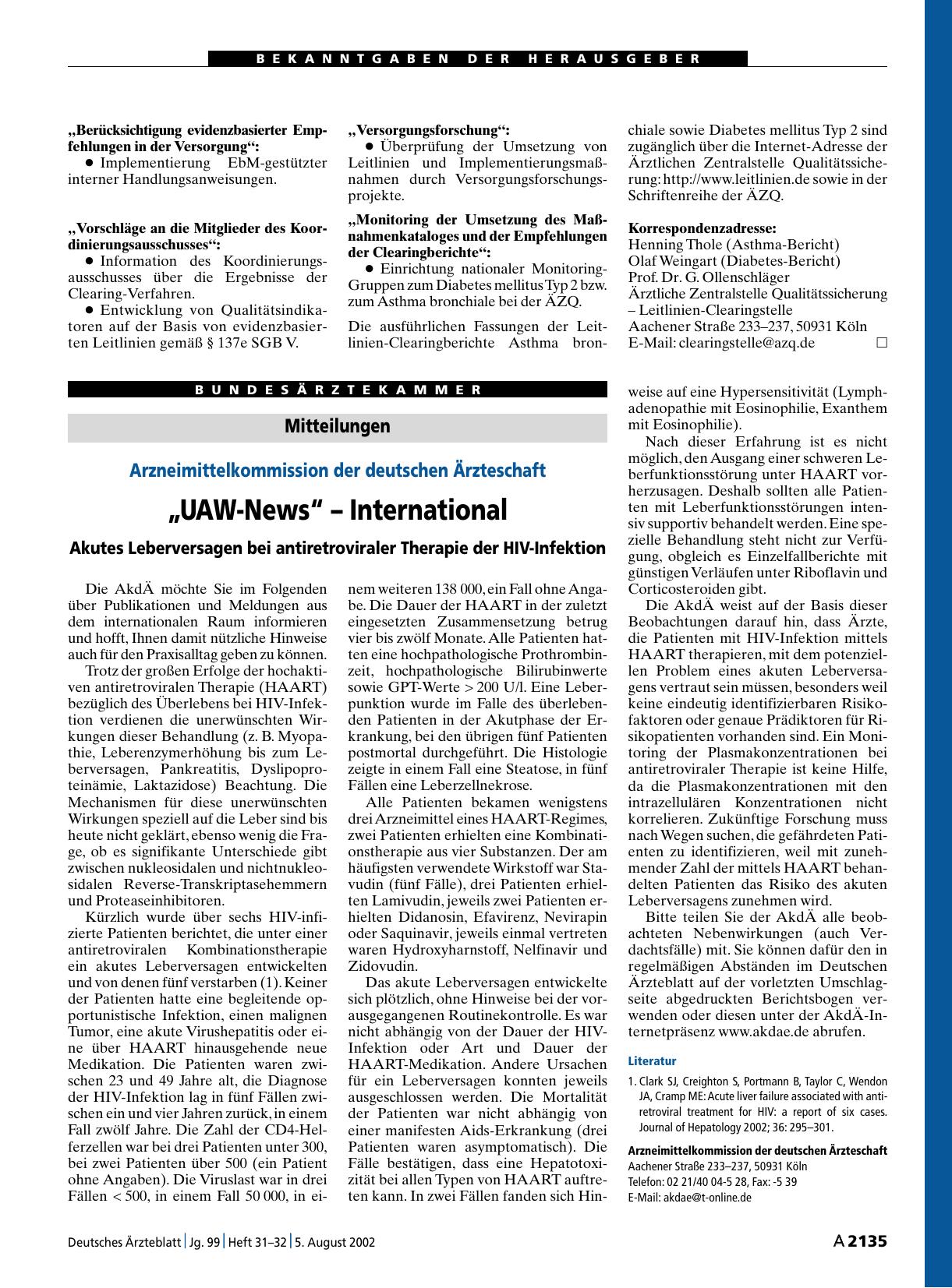 Vorschauseite 1: Mitteilungen: Arzneimittelkommission der deutschen Ärzteschaft, „UAW-News“ – International