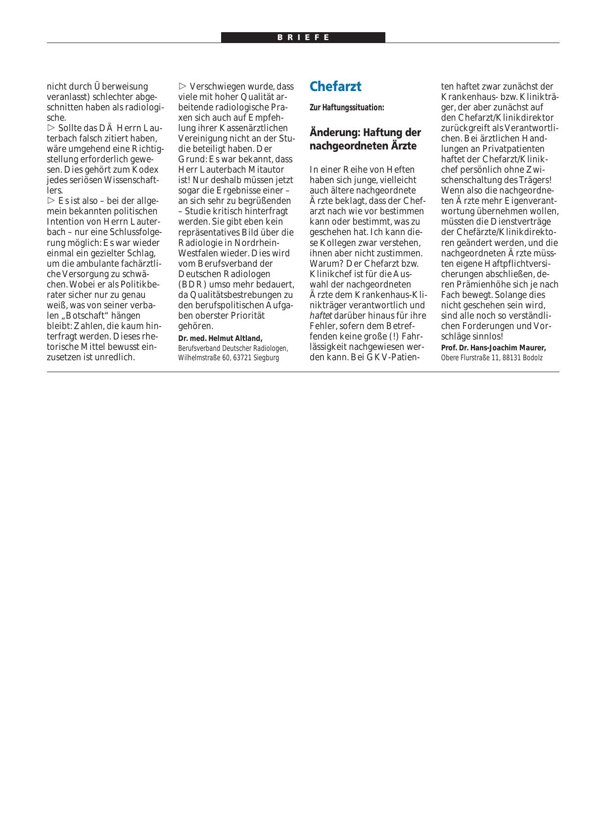 Vorschauseite 1: Chefarzt – Änderung: Haftung der nachgeordneten Ärzte
