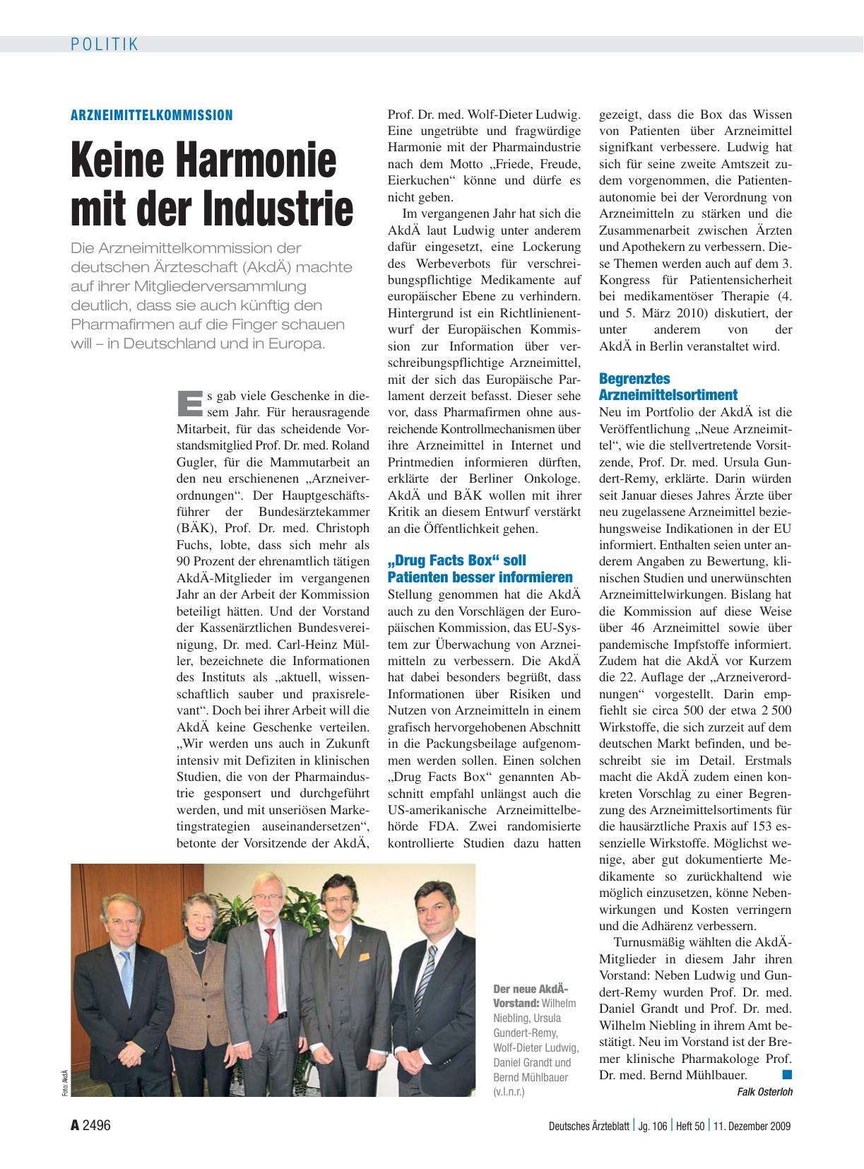 Vorschauseite 1: Arzneimittelkommission: Keine Harmonie mit der Industrie
