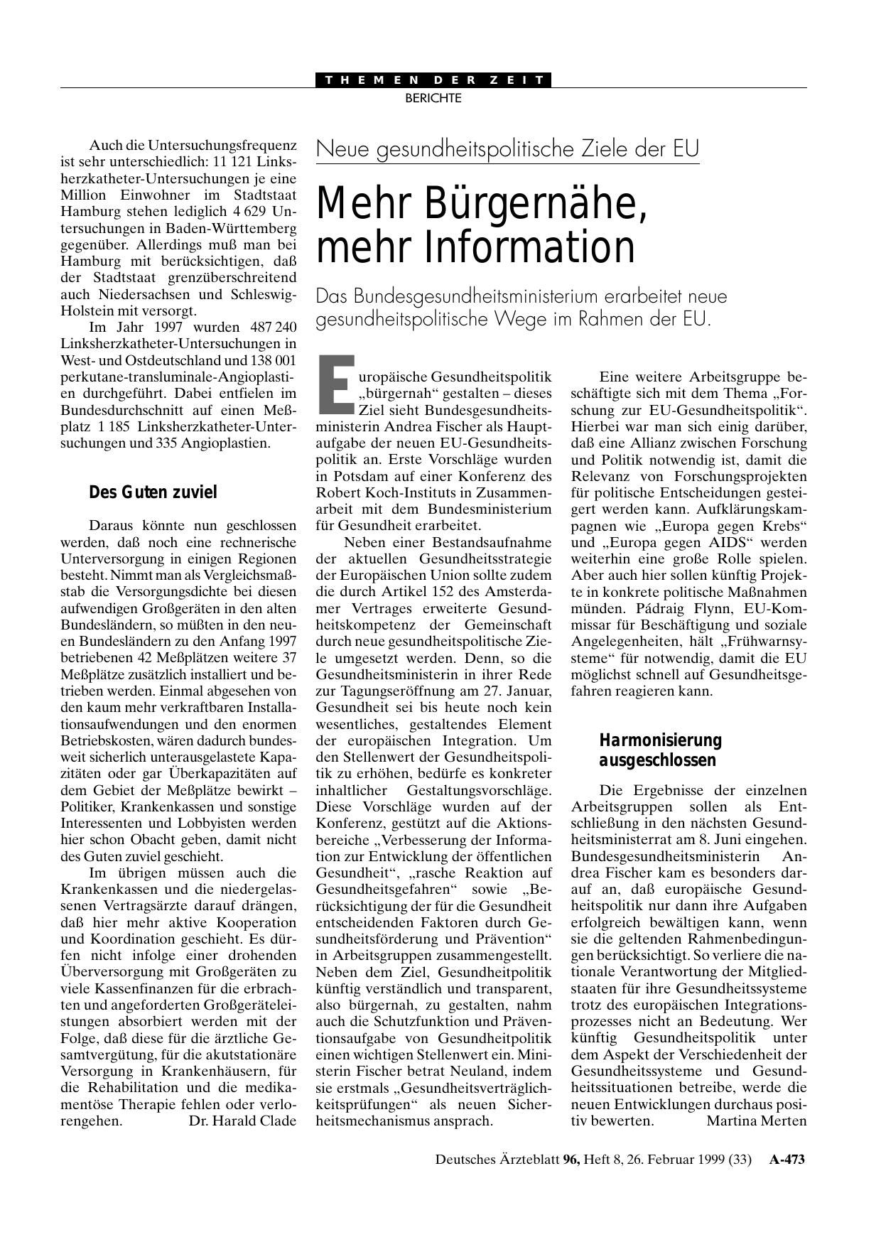Vorschauseite 1: Neue gesundheitspolitische Ziele der EU: Mehr Bürgernähe, mehr Information