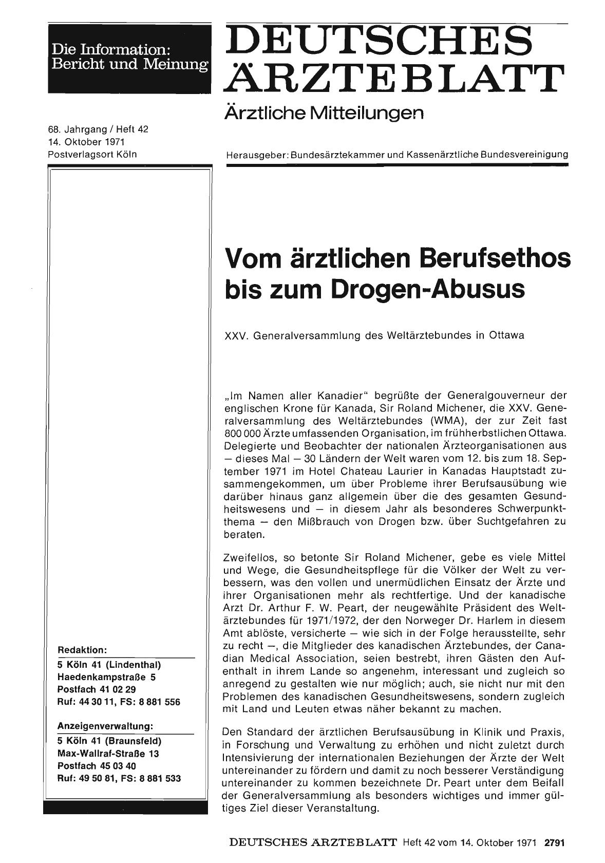 Vorschauseite 1: Vom ärztlichen Berufsethos bis zum Drogen-Abusus (XXV. Generalversammlung des Weltärztebundes in Ottawa )