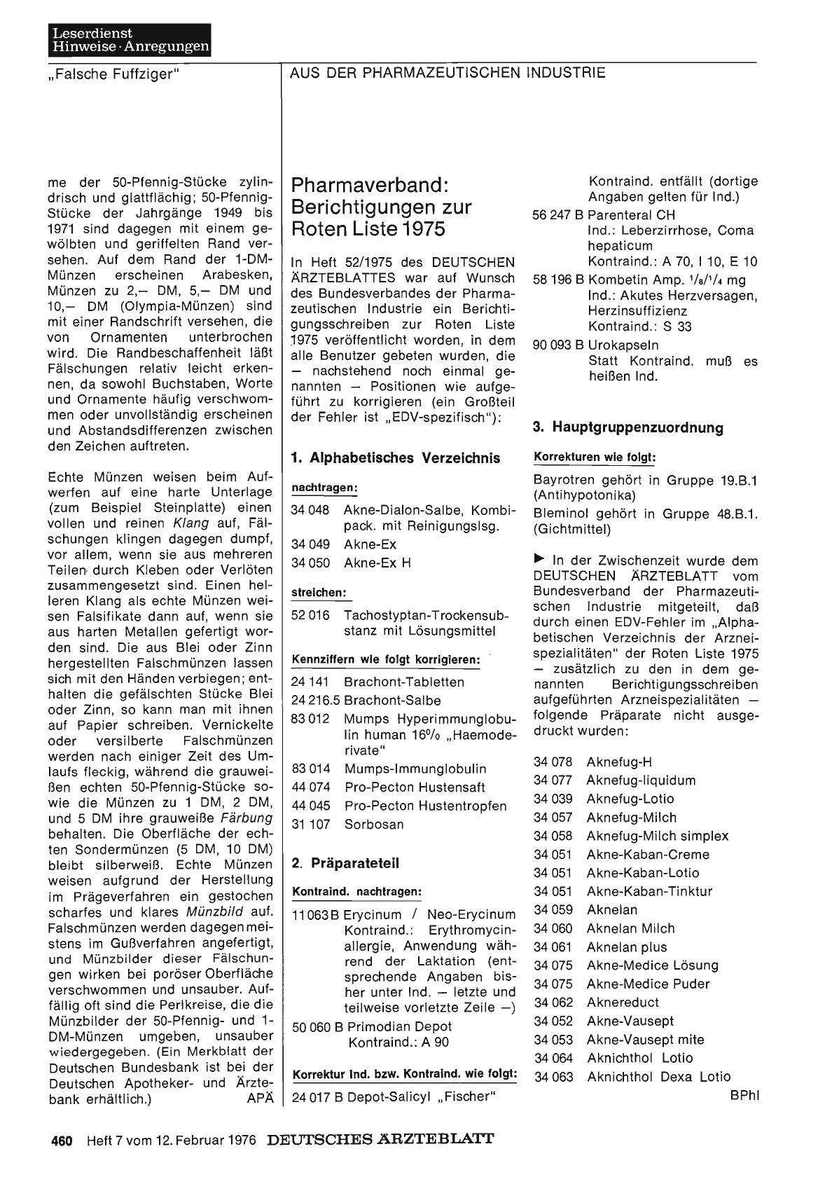 Vorschauseite 1: Pharmaverband: Berichtigungen zur Roten Liste 1975
