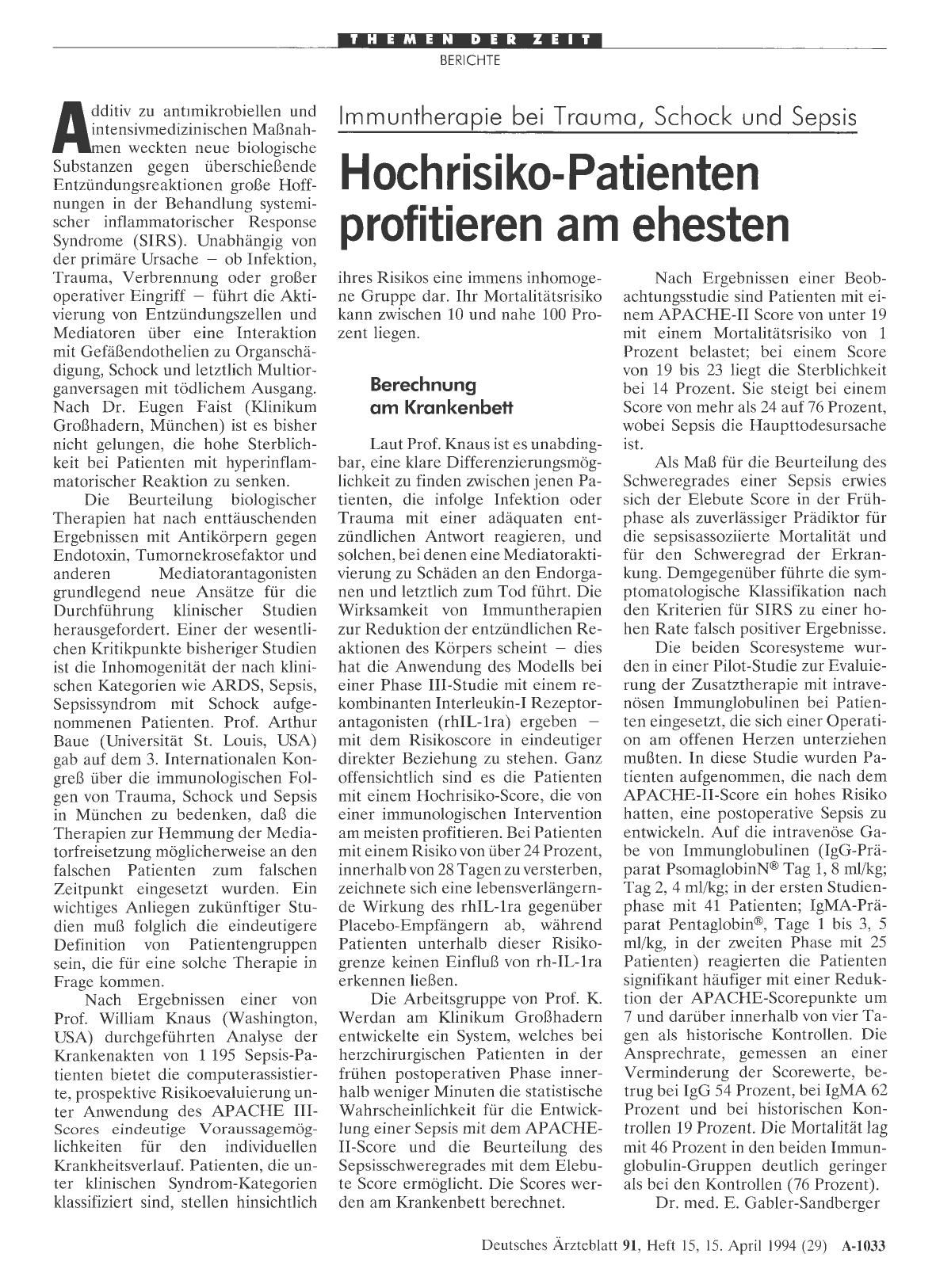 Vorschauseite 1: Immuntherapie bei Trauma, Schock und Sepsis: Hochrisiko-Patienten profitieren am ehesten