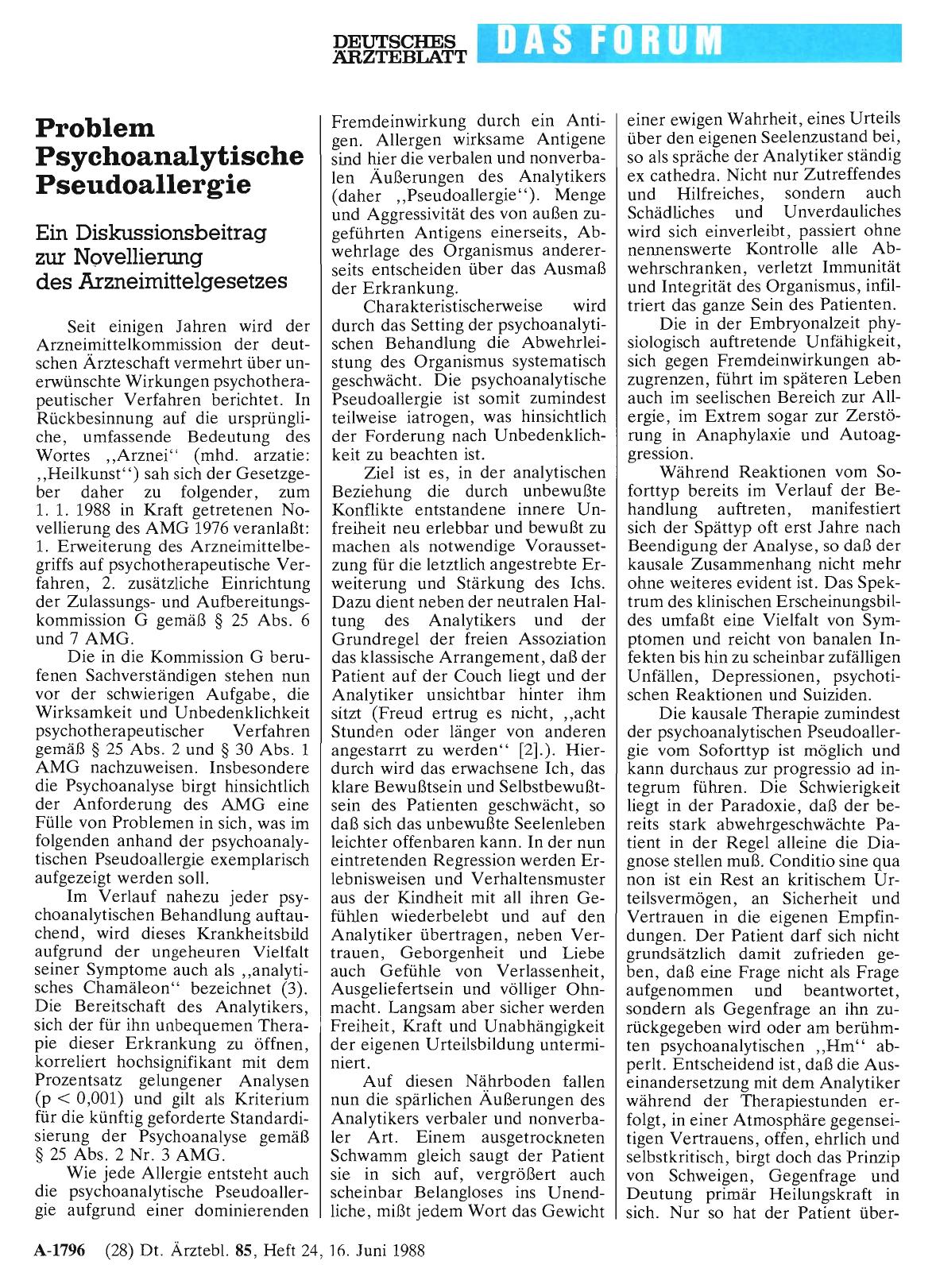 Vorschauseite 1: Problem Psychoanalytische Pseudoallergie: Ein Diskussionsbeitrag zur Novellierung des Arzneimittelgesetzes