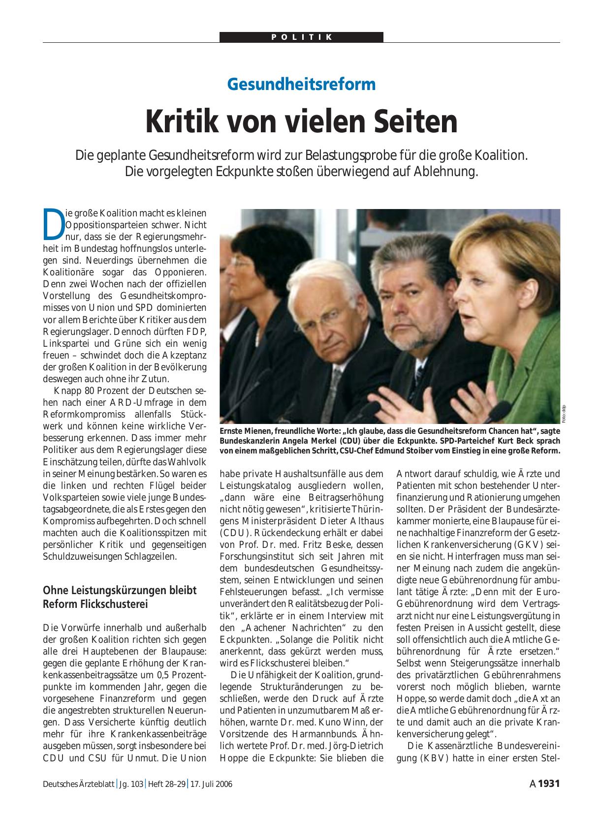 Vorschauseite 1: Gesundheitsreform: Kritik von vielen Seiten