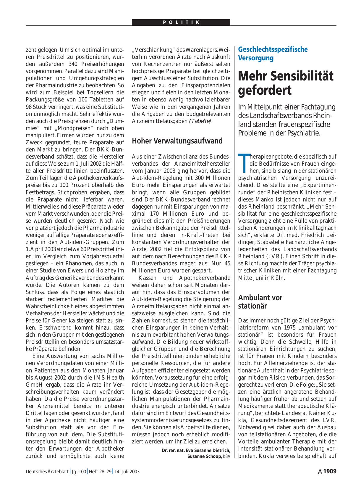 Vorschauseite 1: Geschlechtsspezifische Versorgung: Mehr Sensibilität gefordert