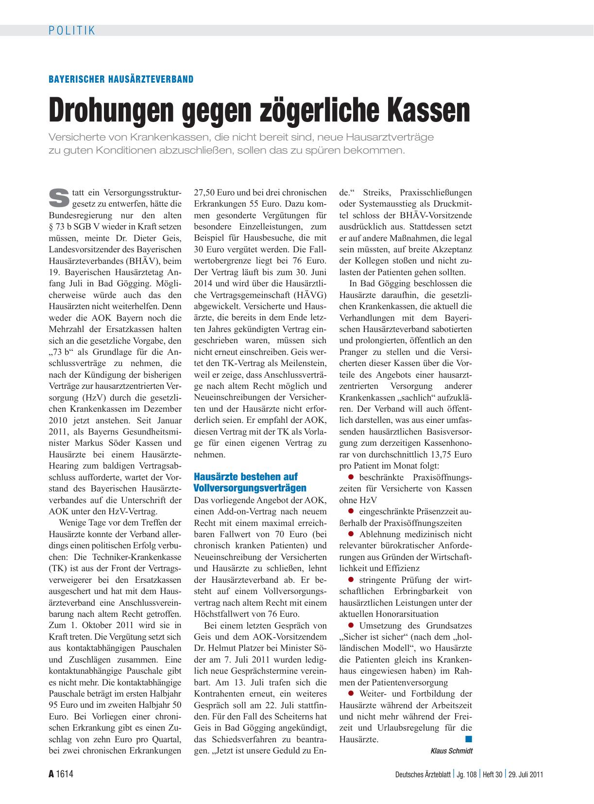 Vorschauseite 1: Bayerischer Hausärzteverband: Drohungen gegen zögerliche Kassen