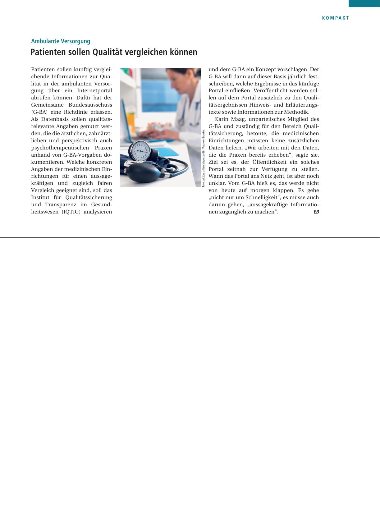 Vorschauseite 1: Ambulante Versorgung: Patienten sollen Qualität vergleichen können.