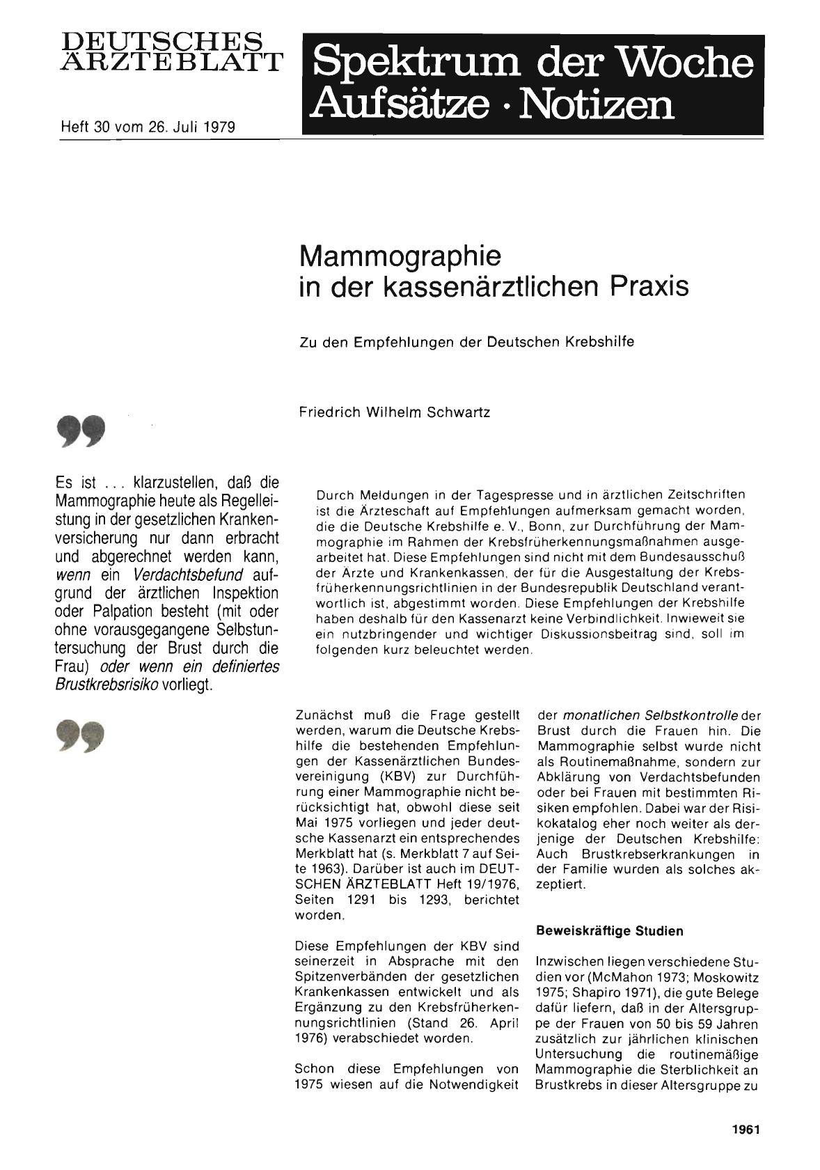 Vorschauseite 1: Mammographie in der kassenärztlichen Praxis