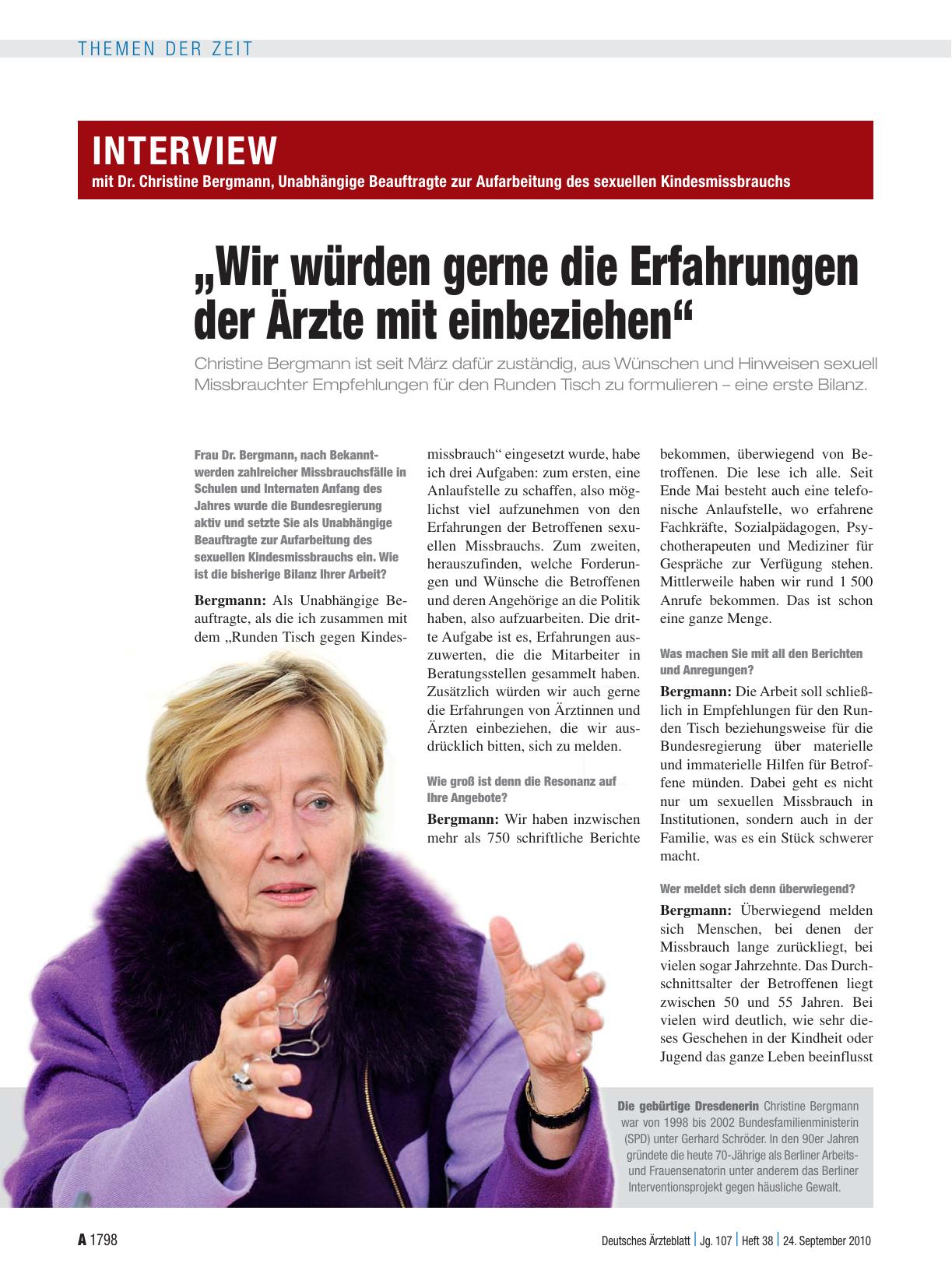 Vorschauseite 1: Interview mit Dr. Christine Bergmann, Unabhängige Beauftragte zur Aufarbeitung des sexuellen Kindesmissbrauchs „Wir würden gerne die Erfahrungen der Ärzte mit einbeziehen“