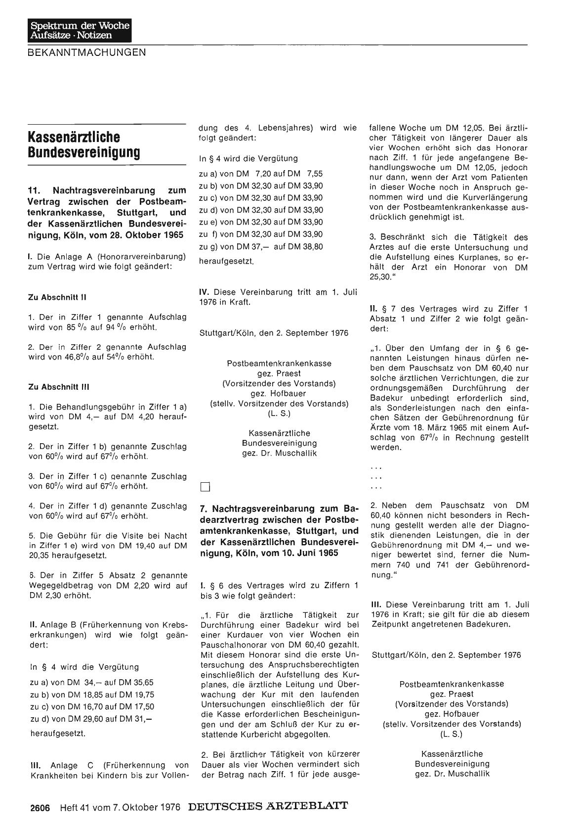 Vorschauseite 1: Kassenärztliche Bundesvereinigung: 11. Nachtragsvereinbarung zum Vertrag zwischen der Postbeamtenkrankenkasse, Stuttgart, und der Kassenärztlichen Bundesvereinigung, Köln, vom 28.…