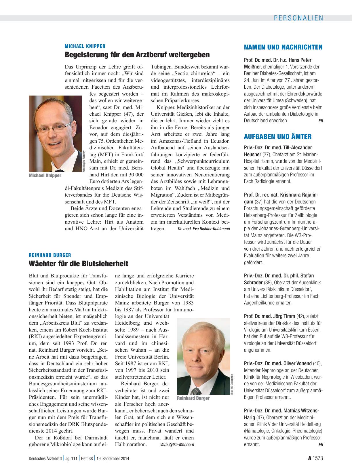 Vorschauseite 1: Reinhard Burger: Wächter für die Blutsicherheit