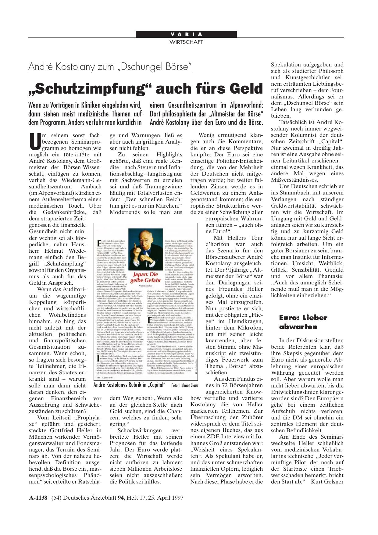 Vorschauseite 1: André Kostolany zum „Dschungel Börse“: „Schutzimpfung“ auch fürs Geld