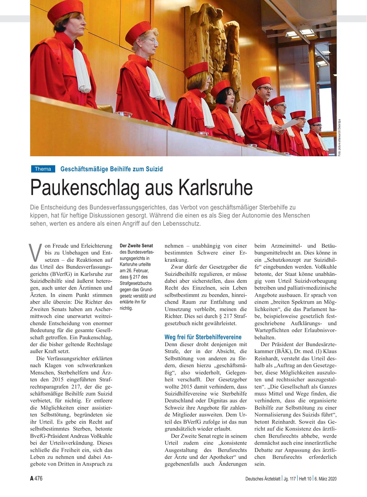 Vorschauseite 1: Geschäftsmäßige Beihilfe zum Suizid: Paukenschlag aus Karlsruhe