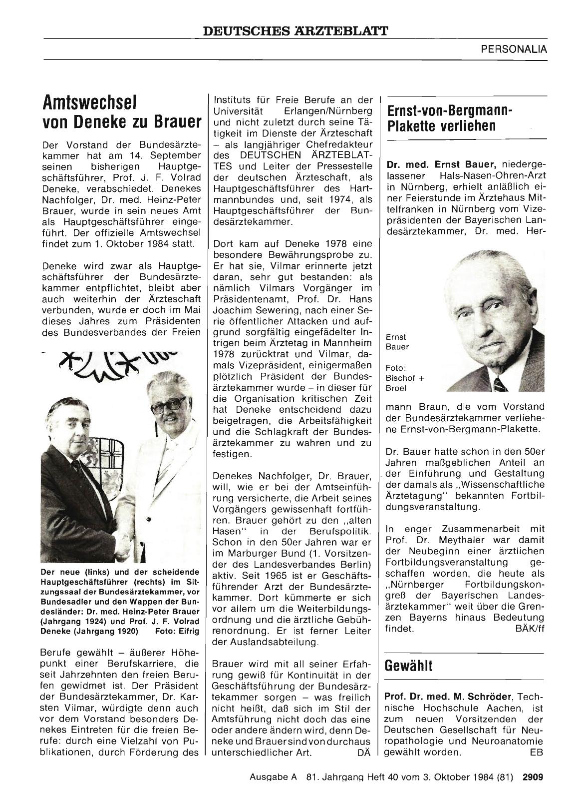 Vorschauseite 1: Amtswechsel von Deneke zu Brauer