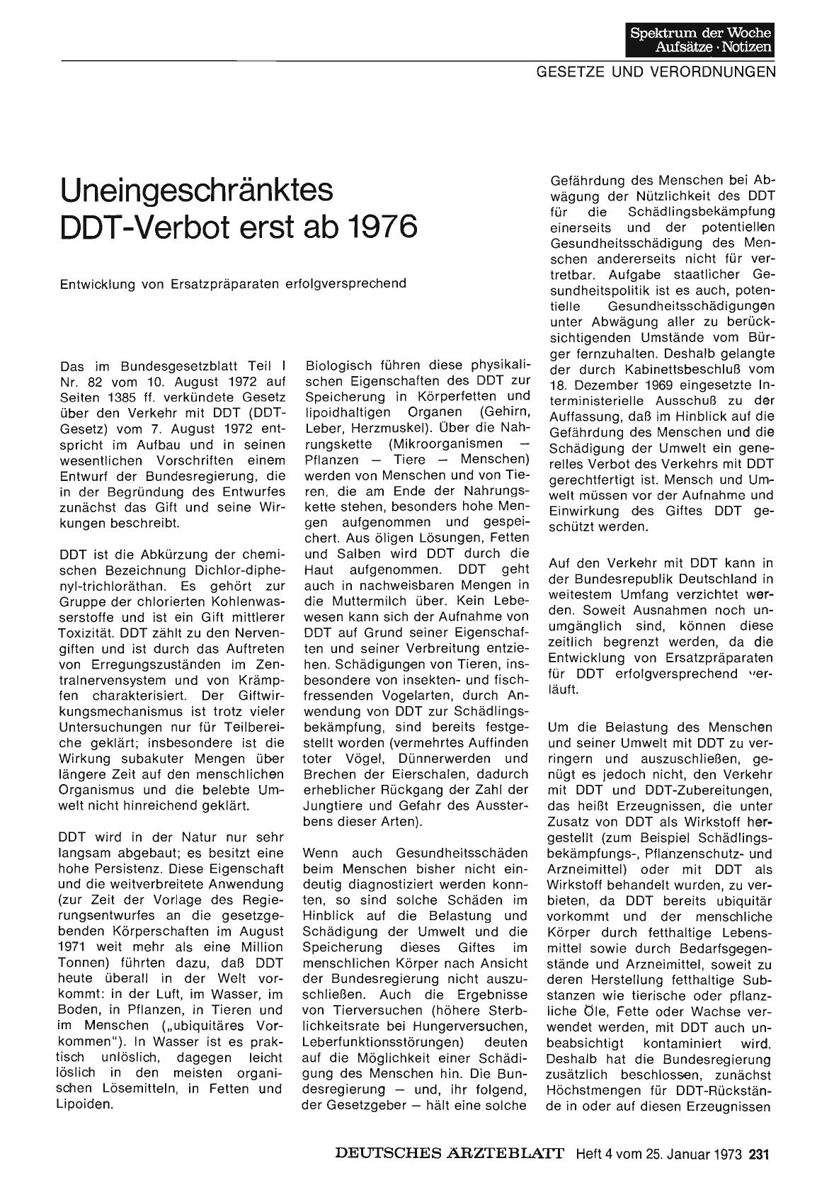 Vorschauseite 1: Uneingeschränktes DDT-Verbot erst ab 1976. Entwicklung von Ersatzpräparaten erfolgversprechend