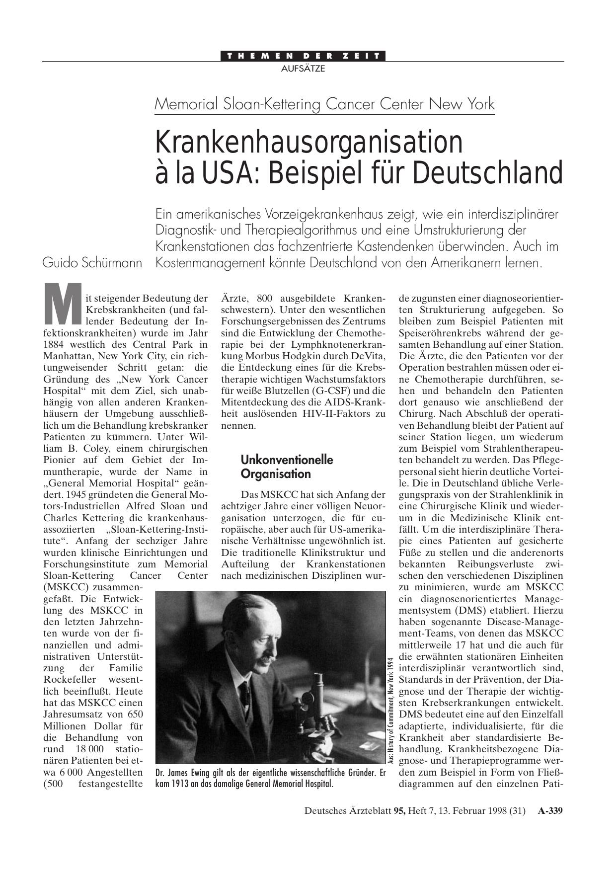 Vorschauseite 1: Memorial Sloan-Kettering Cancer Center New York – Krankenhausorganisation à la USA: Beispiel für Deutschland